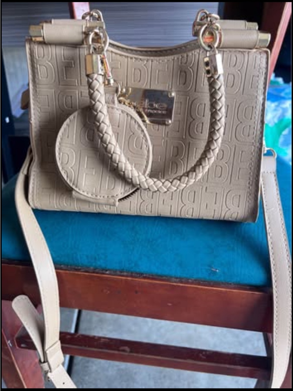 bebe Beige Embossed Logo Braided-Handle Satchel with Crossbody Strap